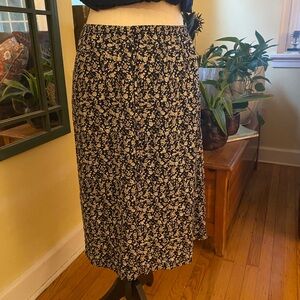 Vintage Blue Floral Print Midi Skirt with Tan & White Flowers Stretch Waist LP